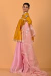 Shop_Mirkashi_Mustard Chanderi, Silk Organza Embroidery Round Neck Yellow Peplum Kurta Set _at_Aza_Fashions