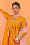 Buy_Mirkashi_Mustard Chanderi, Silk Organza Embroidery Round Neck Yellow Peplum Kurta Set _Online_at_Aza_Fashions