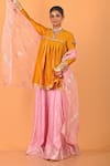 Buy_Mirkashi_Mustard Chanderi, Silk Organza Embroidery Round Neck Yellow Peplum Kurta Set _at_Aza_Fashions