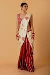 Mirkashi_Beige Modal, Satin, Silk Embroidery V-neck Maroon Raw Hand Saree Set _Online_at_Aza_Fashions