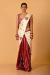 Buy_Mirkashi_Beige Modal, Satin, Silk Embroidery V-neck Maroon Raw Hand Saree Set _Online_at_Aza_Fashions