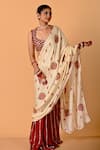 Buy_Mirkashi_Beige Modal, Satin, Silk Embroidery V-neck Maroon Raw Hand Saree Set _at_Aza_Fashions