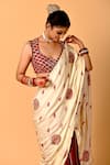 Mirkashi_Beige Modal, Satin, Silk Embroidery V-neck Maroon Raw Hand Saree Set _at_Aza_Fashions
