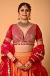 Shop_Mirkashi_Orange , Organza Embroidery V-neck Fuschia Pink And Hand Set 
