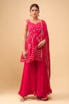 Buy_Samyukta Singhania_Pink Chiffon V-neck Crimson Peplum Kurta And Palazzo Set _at_Aza_Fashions