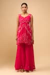 Samyukta Singhania_Pink Chiffon V-neck Crimson Peplum Kurta And Palazzo Set _Online_at_Aza_Fashions