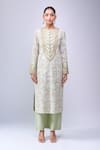 Anamika Khanna_Green Embroidery Round Neck Teal Kurta Set _Online_at_Aza_Fashions