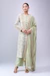 Anamika Khanna_Green Embroidery Round Neck Teal Kurta Set _at_Aza_Fashions