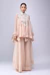 Anamika Khanna_Pink Embroidery, Beads Round Neck, Mandarin Collar Trapeze Top Pant Set _at_Aza_Fashions