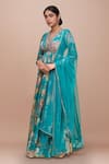 Buy_Kalista_Blue V-neck Turquoise Floral Print Anarkali With Dupatta _at_Aza_Fashions