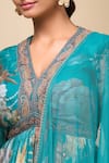 Kalista_Blue V-neck Turquoise Floral Print Anarkali With Dupatta _Online_at_Aza_Fashions