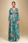 Buy_Kalista_Blue V-neck Turquoise Floral Print Anarkali With Dupatta _Online_at_Aza_Fashions
