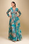 Shop_Kalista_Blue V-neck Turquoise Floral Print Anarkali With Dupatta _Online_at_Aza_Fashions