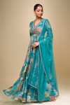 Kalista_Blue V-neck Turquoise Floral Print Anarkali With Dupatta _at_Aza_Fashions