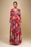 Kalista_Fuchsia V-neck Floral Print Anarkali With Dupatta _Online_at_Aza_Fashions