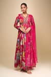 Buy_Kalista_Fuchsia V-neck Floral Print Anarkali With Dupatta _Online_at_Aza_Fashions