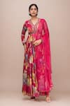 Buy_Kalista_Fuchsia V-neck Floral Print Anarkali With Dupatta _at_Aza_Fashions