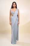 Samyukta Singhania_Gray Lurex, Georgette Sequins, Beads Sweetheart Neck Grey Pre-draped Saree Set _Online_at_Aza_Fashions