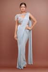 Buy_Samyukta Singhania_Gray Lurex, Georgette Sequins, Beads Sweetheart Neck Grey Pre-draped Saree Set _at_Aza_Fashions