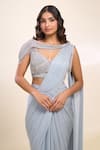 Shop_Samyukta Singhania_Gray Lurex, Georgette Sequins, Beads Sweetheart Neck Grey Pre-draped Saree Set 