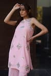 Nazar By Indu_Blush Cotton Sequins, Embroidery Round Neck Designer Pink Kurta And Palazzo Set _Online_at_Aza_Fashions
