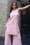 Buy_Nazar By Indu_Blush Cotton Sequins, Embroidery Round Neck Designer Pink Kurta And Palazzo Set _at_Aza_Fashions