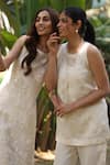 Nazar By Indu_White Organza, Satin Embroidery Round Neck Top And Pant Set _Online_at_Aza_Fashions