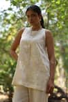 Buy_Nazar By Indu_White Organza, Satin Embroidery Round Neck Top And Pant Set _at_Aza_Fashions