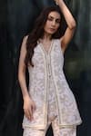 Nazar By Indu_Ivory Cotton, Jacquard Lace, Embroidery V-neck Co-ord Set _Online_at_Aza_Fashions