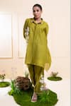 Shop_The White Tree Studio_Green Chanderi Applique, Embroidery Collared Moss Kurta Co-ord Set _Online_at_Aza_Fashions