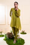 The White Tree Studio_Green Chanderi Applique, Embroidery Collared Moss Kurta Co-ord Set _at_Aza_Fashions