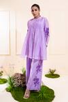 The White Tree Studio_Purple Chanderi Applique, Embroidery Mandarin Lilac Smocking Kurta Co-ord Set _at_Aza_Fashions