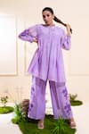 Buy_The White Tree Studio_Purple Chanderi Applique, Embroidery Mandarin Lilac Smocking Kurta Co-ord Set _at_Aza_Fashions