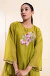 Shop_The White Tree Studio_Green Chanderi Embroidery Round Neck Moss Asymmetrical Top And Trouser Set _Online_at_Aza_Fashions