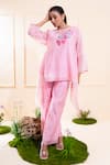 Buy_The White Tree Studio_Pink Chanderi Embroidery Round Neck Blush Asymmetrical Top And Trouser Set _at_Aza_Fashions