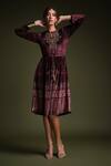 Buy_Samyukta Singhania_Burgundy Polyester Embroidery Keyhole Neck Velvet Dress With Belt _at_Aza_Fashions