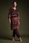 Buy_Samyukta Singhania_Burgundy Polyester Sequins Split V-neck Maroon Printed Kurta And Pant Set _at_Aza_Fashions