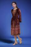 Shop_Samyukta Singhania_Burgundy Polyester Embroidery Keyhole Neck Velvet Dress With Belt _at_Aza_Fashions