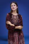 Samyukta Singhania_Burgundy Polyester Embroidery Keyhole Neck Velvet Dress With Belt _at_Aza_Fashions