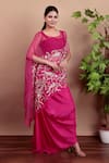 Nidhi Kejriwal_Magenta Silk, Organza Embroidery Round , Square Cape Set _at_Aza_Fashions