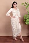 Buy_Nidhi Kejriwal_Off White Crepe, Modal, Satin Sequins, Embroidery V-neck Jacket And Draped Skirt _Online_at_Aza_Fashions