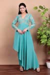 Buy_Nidhi Kejriwal_Aqua Crepe, Silk Sequins, Embroidery V-neck Blue Anarkali Set _at_Aza_Fashions