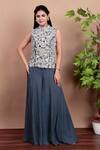 Shop_Nidhi Kejriwal_Gray Crepe Embroidery Mandarin Collar Grey Top And Palazzo Set 