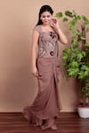 Nidhi Kejriwal_Brown Silk, Georgette Beads, Sequins Designer Pre-draped Saree With Blouse _Online