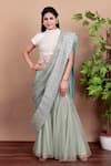 Buy_Nidhi Kejriwal_White Organza, Tissue Pearls, Beads, Zari Phirozi Blue Designer Pant Saree Set _at_Aza_Fashions