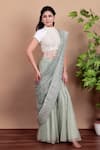 Nidhi Kejriwal_White Organza, Tissue Pearls, Beads, Zari Phirozi Blue Designer Pant Saree Set _Online