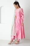 Chhaya Mehrotra_Pink Chanderi, Silk Organza Embroidery Round Neck Candy Kurta Pant Set _Online_at_Aza_Fashions