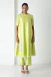 Chhaya Mehrotra_Green Chanderi, Silk Organza Embroidery Round Neck Raw Mango Kurta Set _Online_at_Aza_Fashions