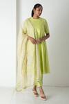 Buy_Chhaya Mehrotra_Green Chanderi, Silk Organza Embroidery Round Neck Raw Mango Kurta Set _at_Aza_Fashions