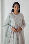 Shop_Chhaya Mehrotra_Gray Chanderi, Silk Organza Embroidery Round Neck Chalk Grey Kurta Pant Set _Online_at_Aza_Fashions